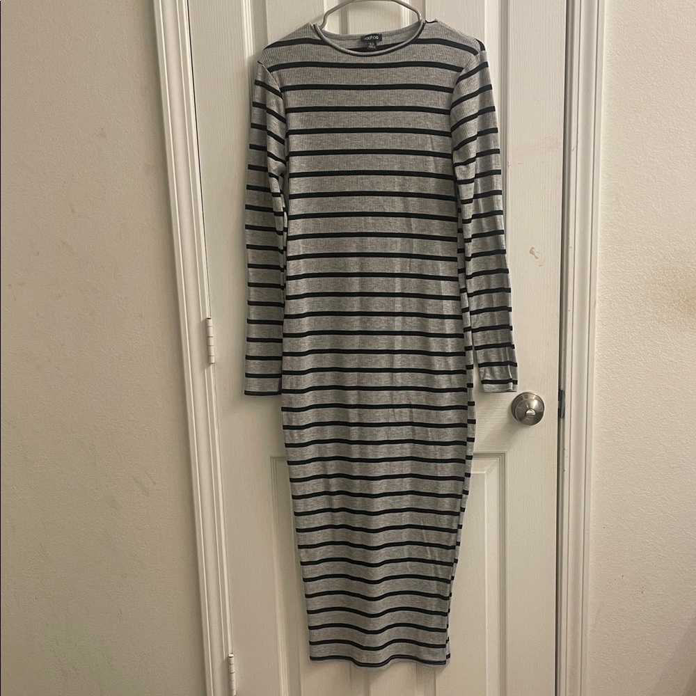 Boohoo Grey & Black Striped Long Sleeve Midi Dress
